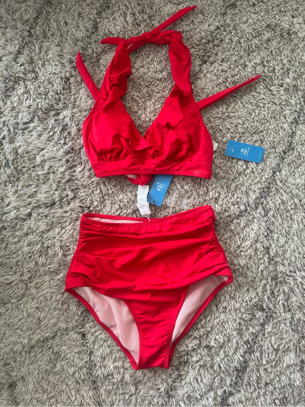 Cupshe Red Ruffled Halter High-Waist Bikini Set - Tummy Control - Picture 4 of 5